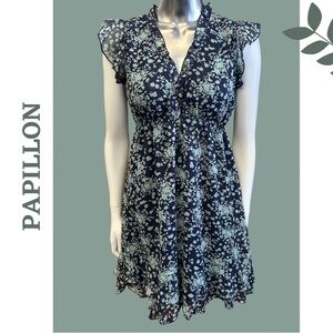 Papillon Floral Print Cap Sleeve V-Neck Dress Ruffle Trim Lined Size Medium